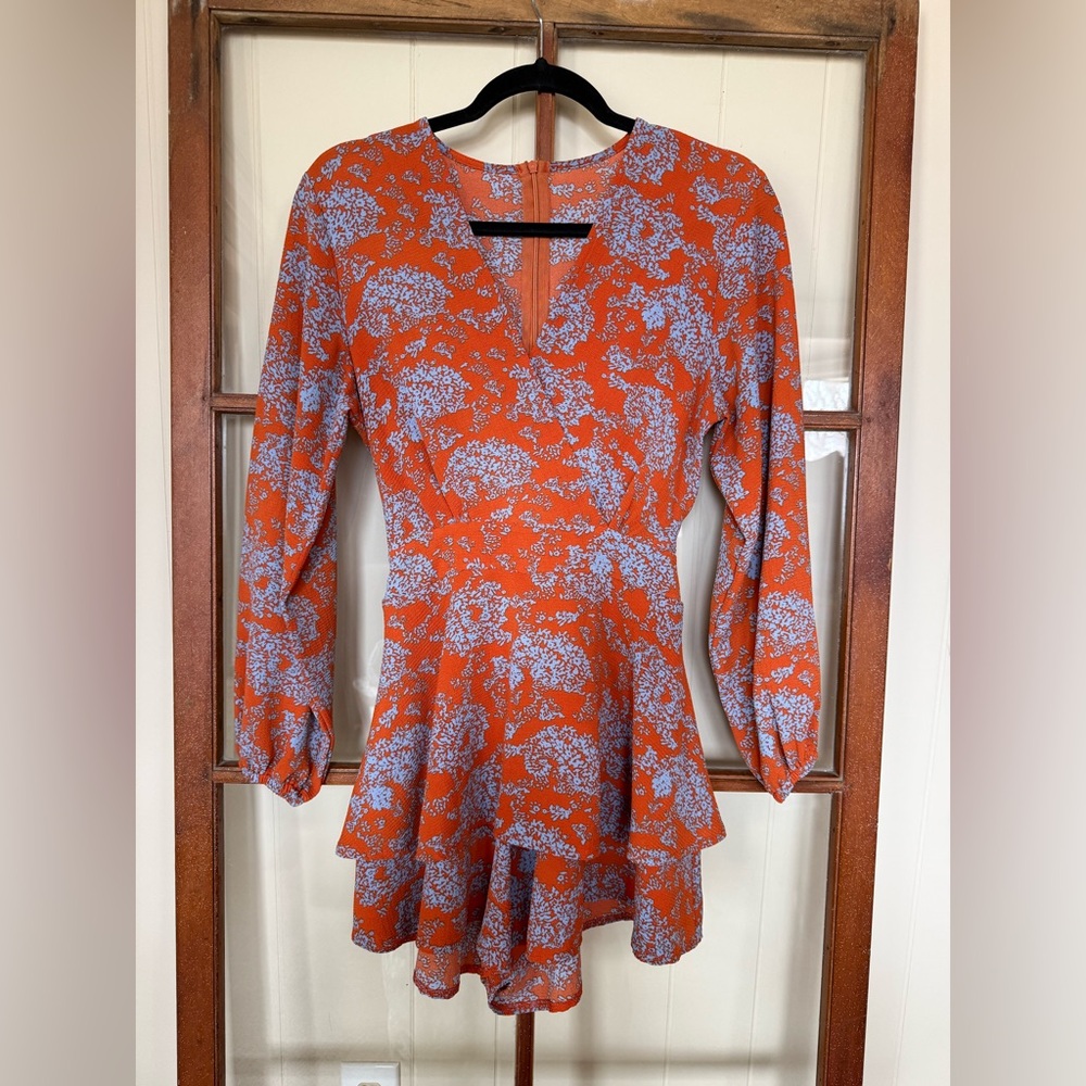 Floral Print Blue and Orange V Neck Long Sleeve Tiered Ruffle Romper - Small - Picture 5 of 10